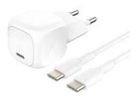 Belkin BoostCharge - Strömadapter - kompakt - 20 Watt - Fast Charge, PD 3.1/PPS (USB-C) - på kabel: USB-C - vit - med USB-C-kabel (1m) WCA009KQ1MWH-B6